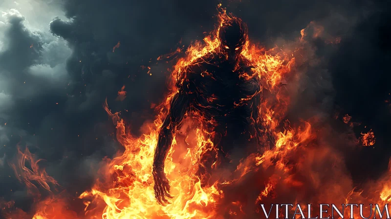 Flaming humanoid silhouette emerging from infernal storm.