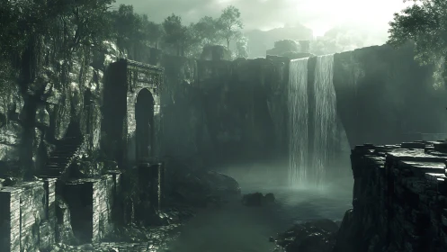 Ancient stone ruins by misty waterfall in deep gorge.