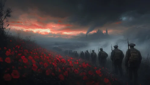Soldiers crossing scarlet poppy fields toward war-torn city.