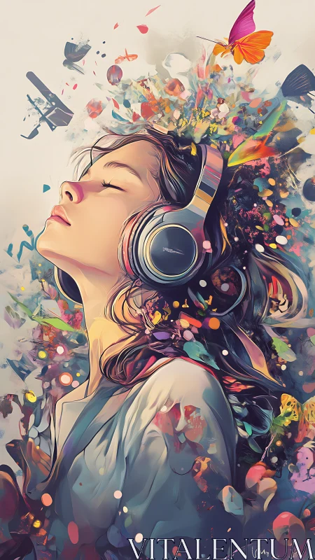 Immersed listener with headphones in abstract chromatic bloom