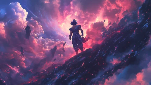 Warrior stands over collapsing cosmic horizon of fire