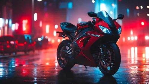 Neon city rain lets a red sport motorcycle quietly steal focus