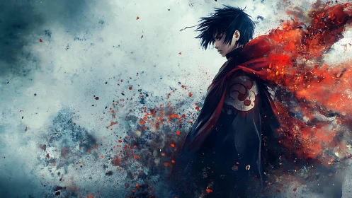 Dark-haired warrior dissolves into crimson spectral embers