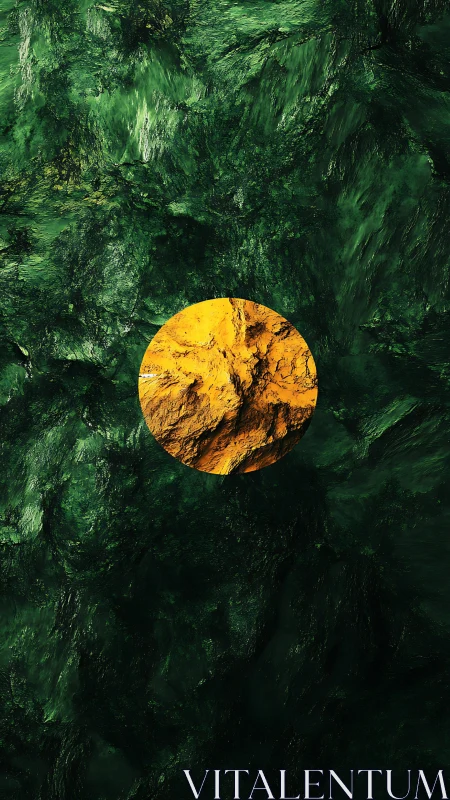 Golden rock sphere centered on dark emerald texture.