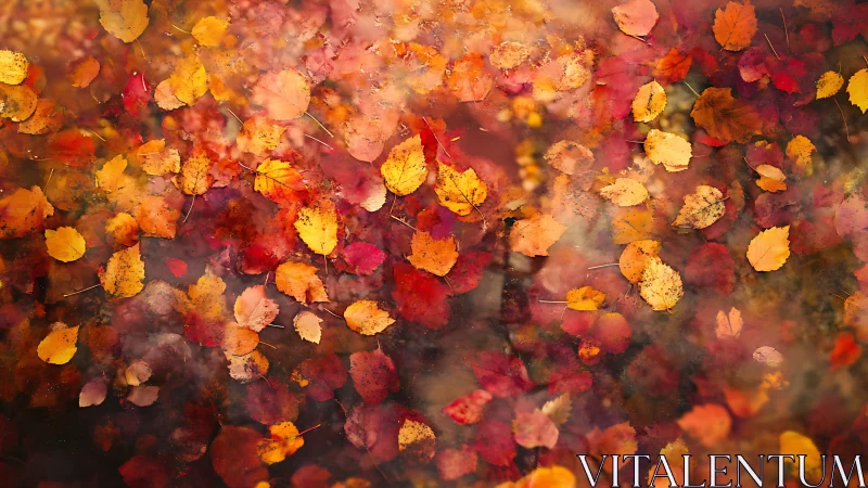 Autumn foliage leaves dispersed across water surface.