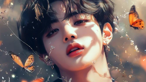 Close-up digital portrait of youth surrounded by butterflies