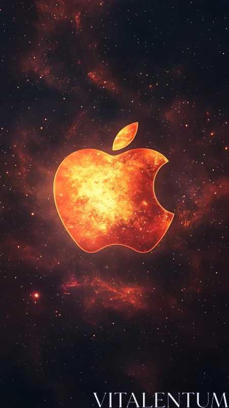 Glowing apple-shaped emblem with fiery nebula background.