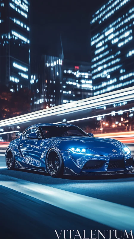 Electric blue sports car slices through neon city night.