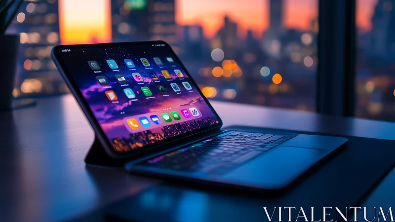 Hybrid tablet-laptop device glows against defocused cityscape