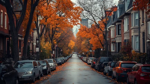 Urban autumn avenue captured with deep vanishing perspective