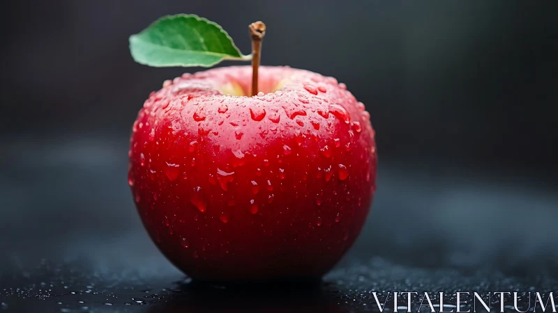 Glowing red apple glistens with dewy droplets on dark surface.