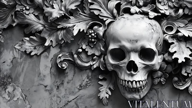 Ornate monochrome skull relief among carved foliage.