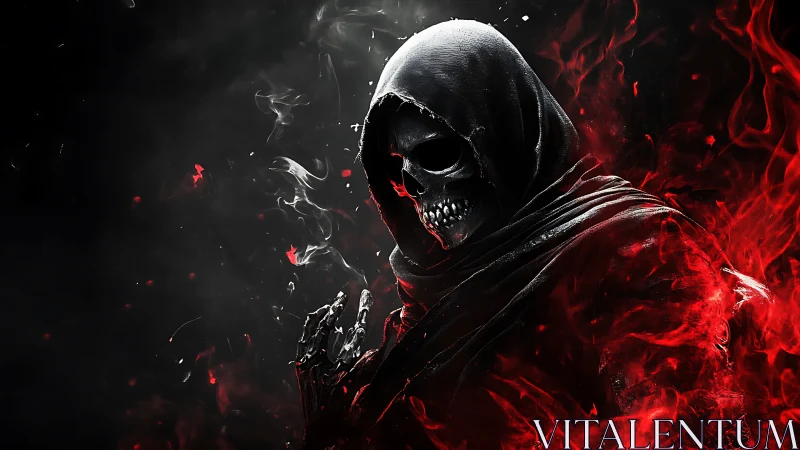 Hooded skeletal figure surrounded by red flames and smoke.
