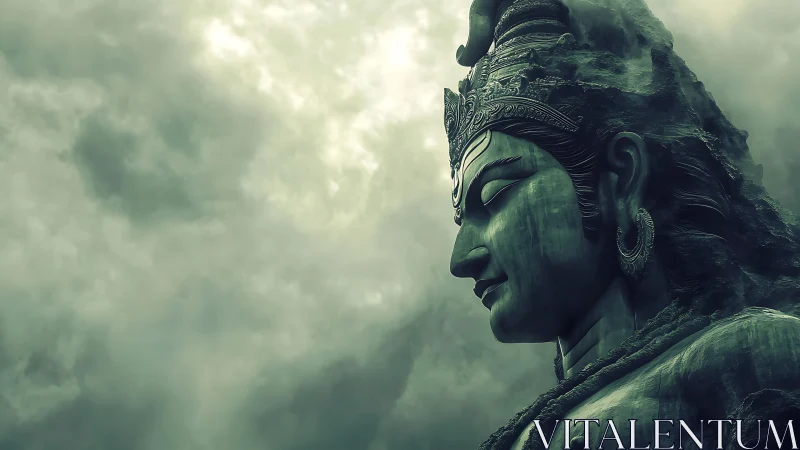 Serene Shiva statue rises against brooding storm clouds