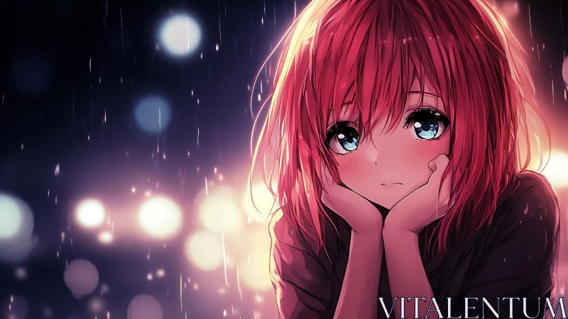 Softly glowing rainy evening with a thoughtful anime girl.