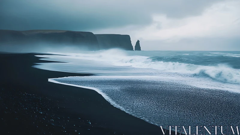 Moody black sand shoreline welcomes rolling misty waves gently