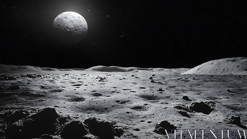 Silent lunar plain under distant illuminated moonrise.