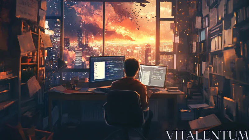 Programmer at dual monitors in city office during sunset.