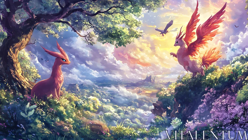 Winged fox creature greets grounded fox in sunrise valley