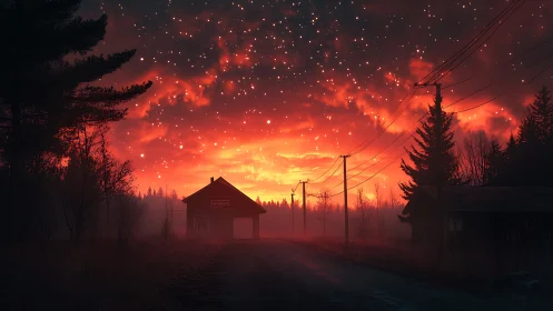 Backroad cabin glows beneath a burning, star-swept sky.
