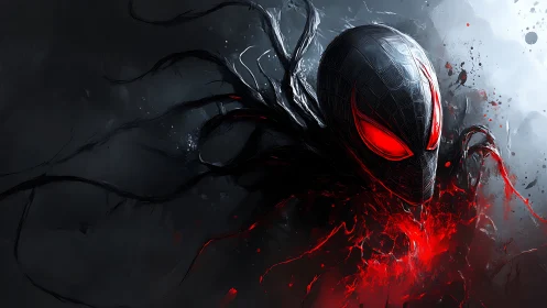 Dark masked figure with red eyes amid abstract tendrils.