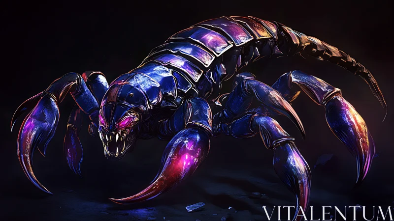 Neon-armored cybernetic scorpion in dynamic low-key composition.