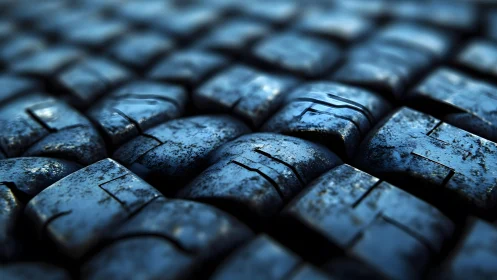 Close-up of Worn Metal Tiles in Moody Blue Abstract Style.