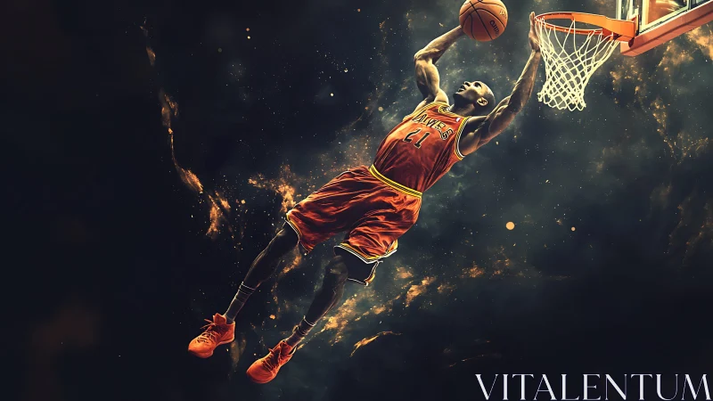 Basketball player dunks toward hoop against cosmic backdrop