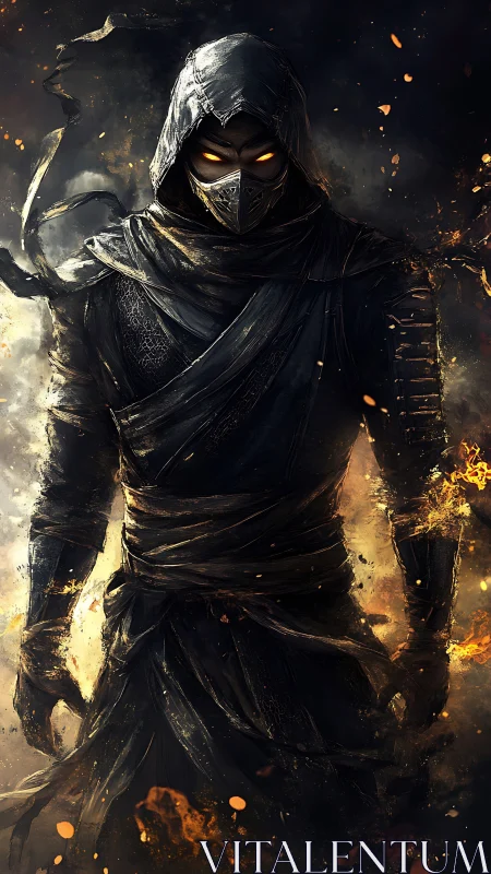 Hooded fire-eyed assassin emerges from swirling embers.