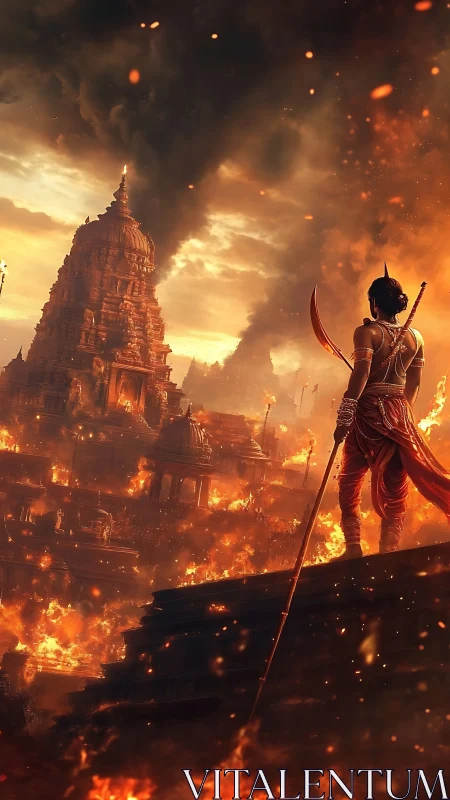 Warrior overlooks burning ancient temple city at dusk.