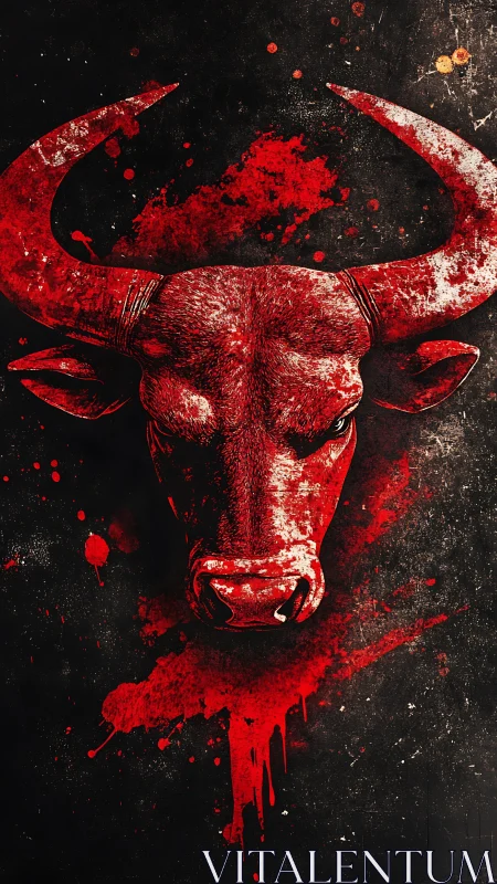 Crimson bull head bursting through shadows and splattered night.
