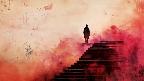 Solitary human figure stands above geometric red staircase