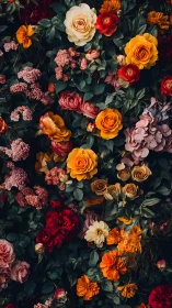 Botanical Garden Composition: Roses, Ranunculus, and Dahlias in Warm Palette.