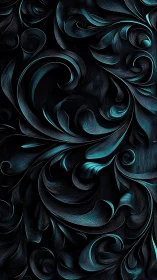 Teal luminous scrolls swirl over dark carved wood grain.