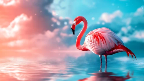 Pink flamingo stands in shallow reflective water at dusk