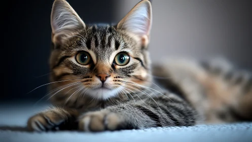 Tabby Cat Displaying Frontal Portrait with Sharp Ocular Contact and Defined Striped Markings