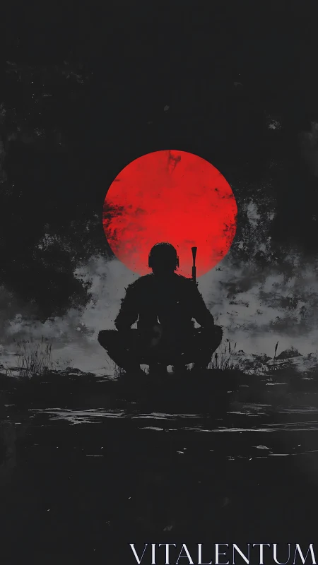 Digital painting of lone samurai silhouette before crimson sun.