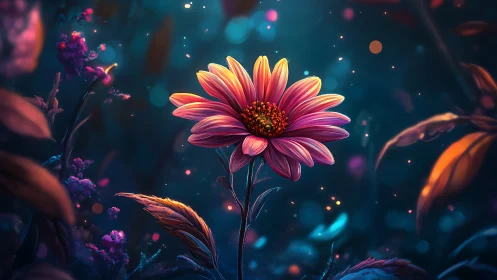 Volumetric Gerbera Daisy: Neon Pink Petals Against Teal Bokeh Atmosphere.