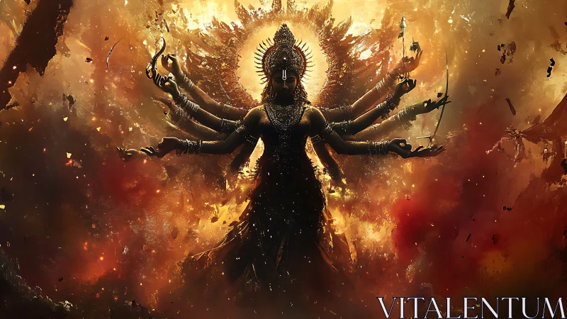 Radiant many‑armed goddess rising from swirling cosmic fire.