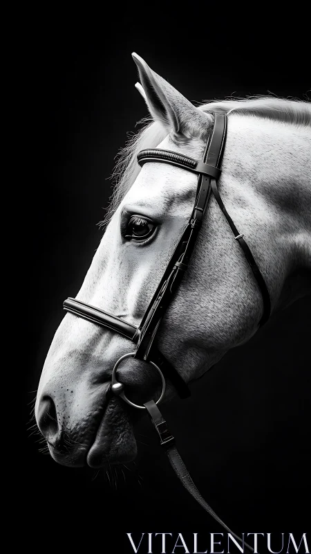 White horse portrait in high-contrast monochrome profile.