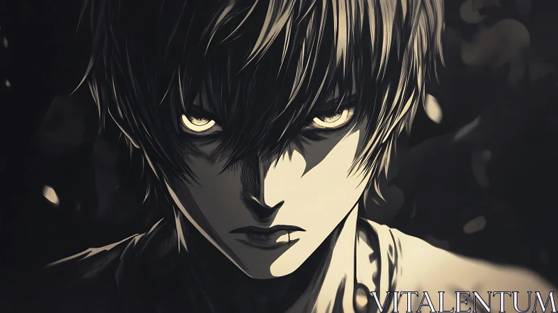 Brooding anime antihero with intense glowing eyes portrait.