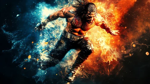 Dynamic athlete bursts through dual fire and water shockwave field