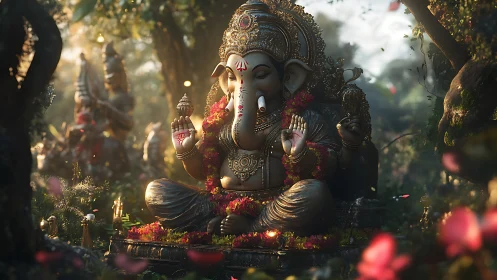 Ganesha forest shrine rendered in luminous 3D detail.
