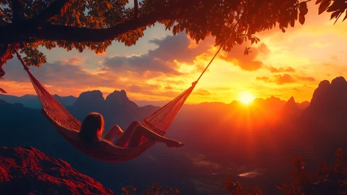 Sunset hammock vantage over stratified mountain valley panorama.