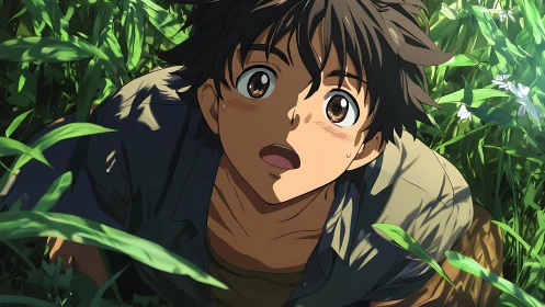 Anime close-up in lush foliage with dynamic upward framing.