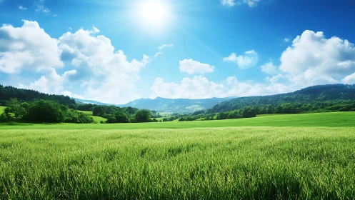 Sunny green meadow under blue sky with distant hills.