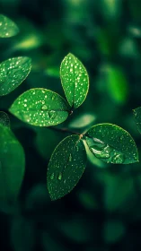 Close-up view of wet green leaves with water droplets.