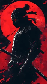 Blood-red moon sentinel, shadow-forged cyber samurai profile.