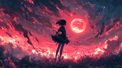 Silhouette of a figure stands before red moon and clouds