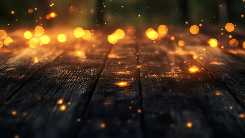 Firefly lights drift above weathered midnight floorboards.